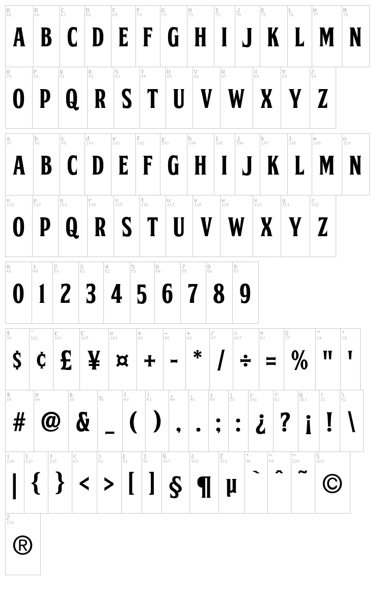 FTY Skorzhen NCV font map